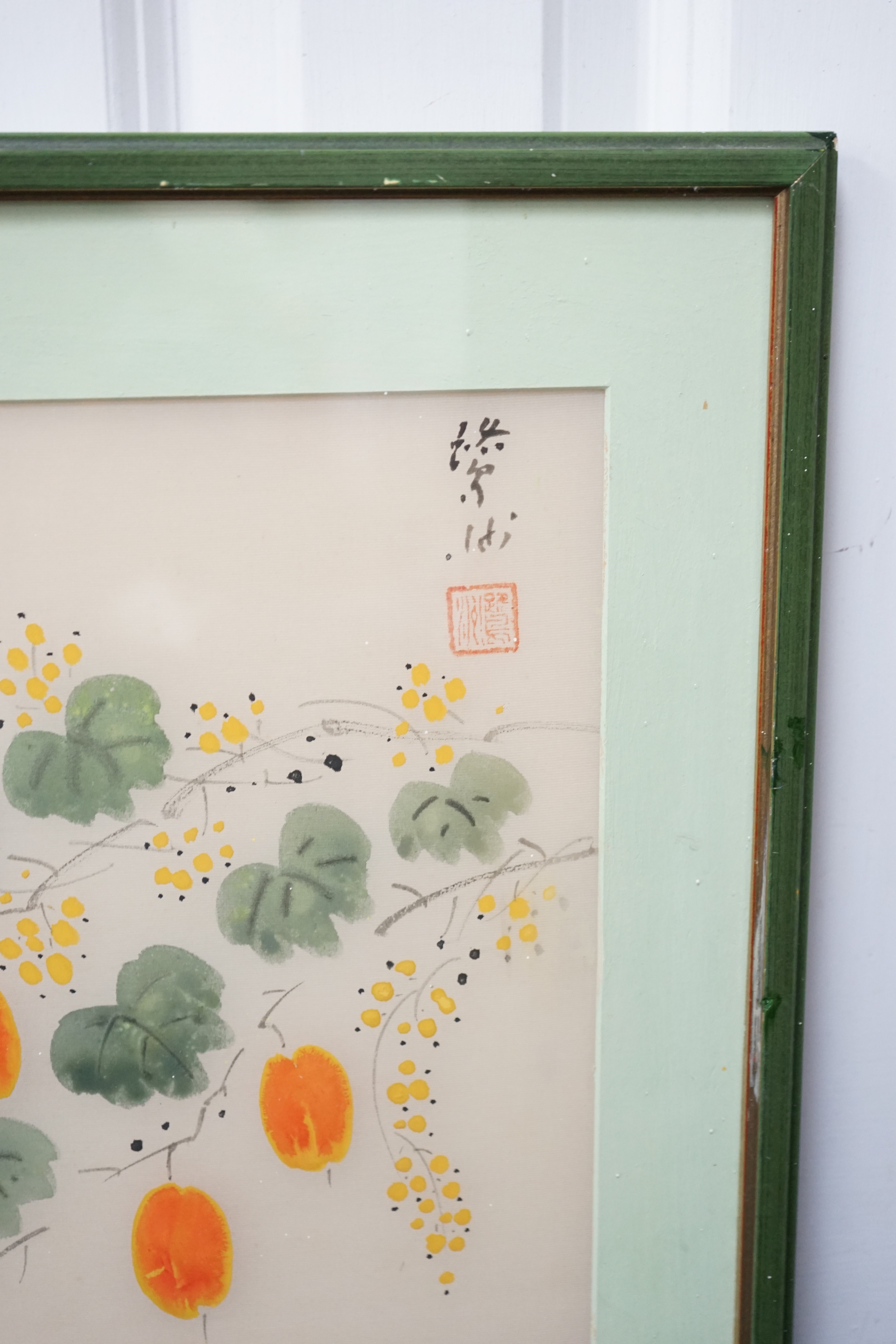 Chinese School, watercolour on silk, Persimmons and plums, 33 x 40cm